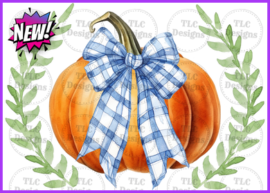 Watercolor Pumpkin With Blue Plaid Bow Full Color Transfers